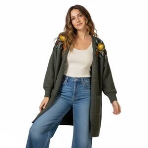 Boundless North Embroidered Open Front Long Cardigan Womens XS Green Cottagecore